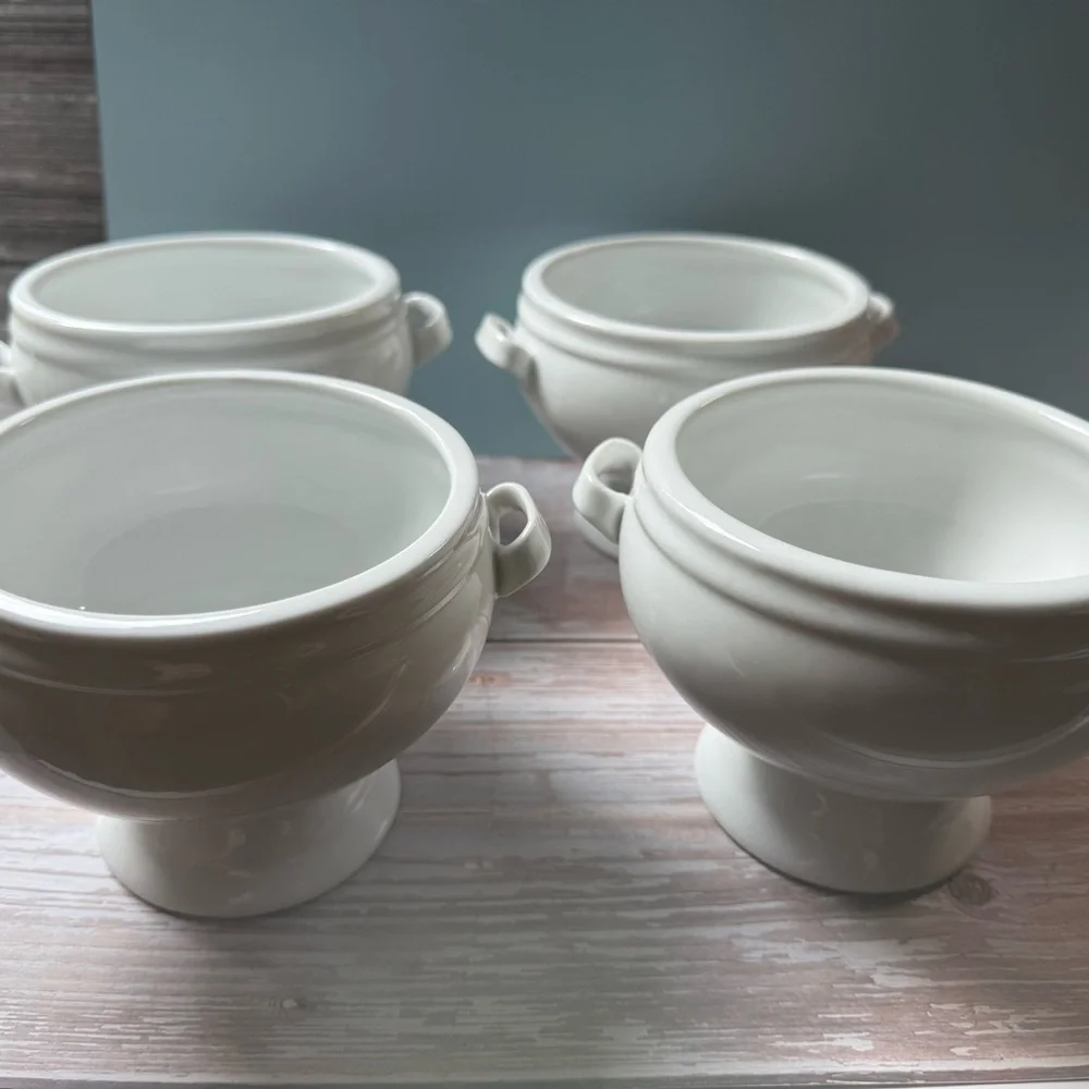 Crate & Barrel White Ceramic Soup Bowls with Handles (set of 4)